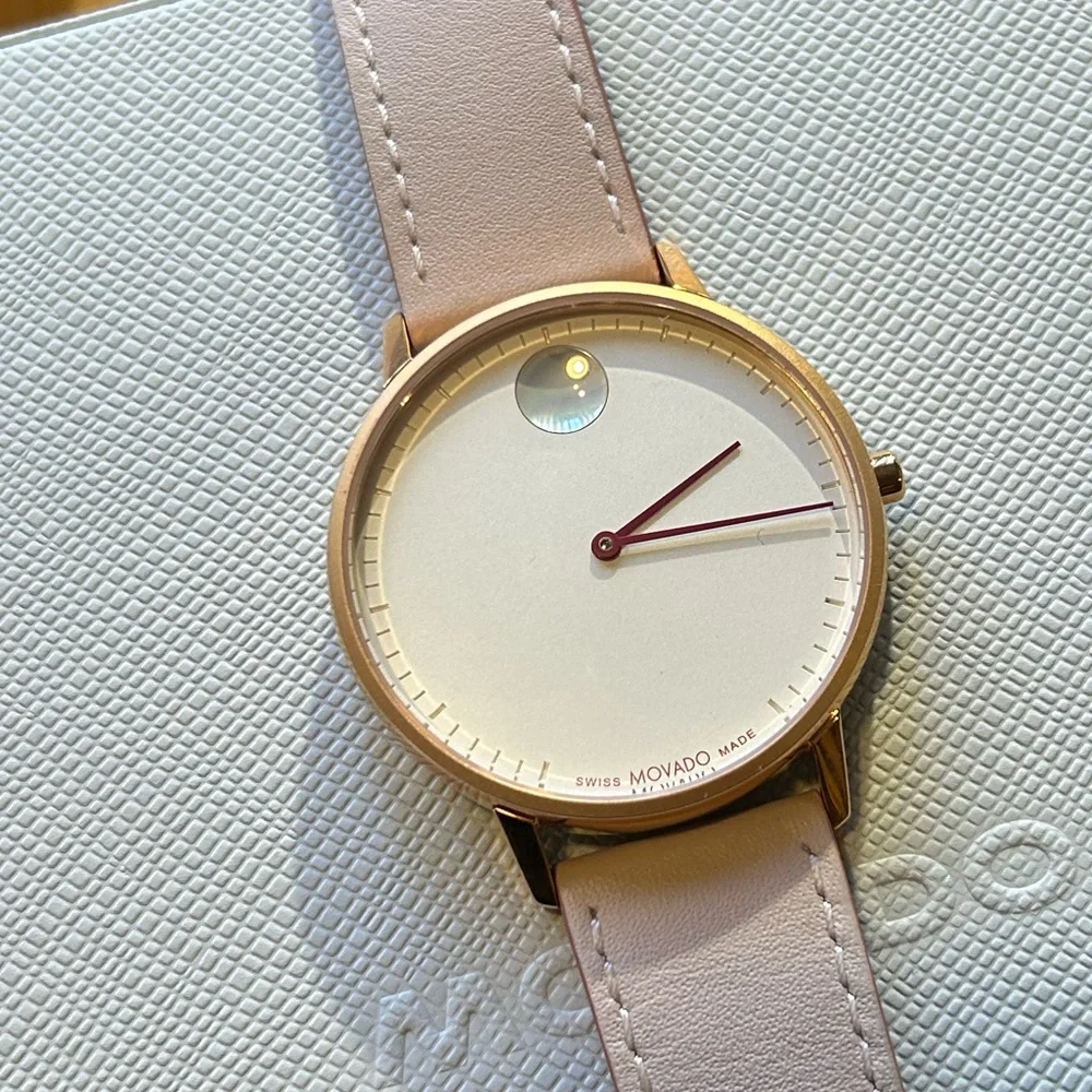 Movado Face Watch With 41mm SilverWhite Face With & Light Pink Leather Band - Picture 3 of 7